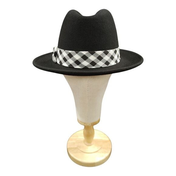 MEN'S MONTIQUE BLACK WOOL FELT HAT WITH ABSTRACT CHECKERED HAT BAND. H2362. - Picture 4 of 8
